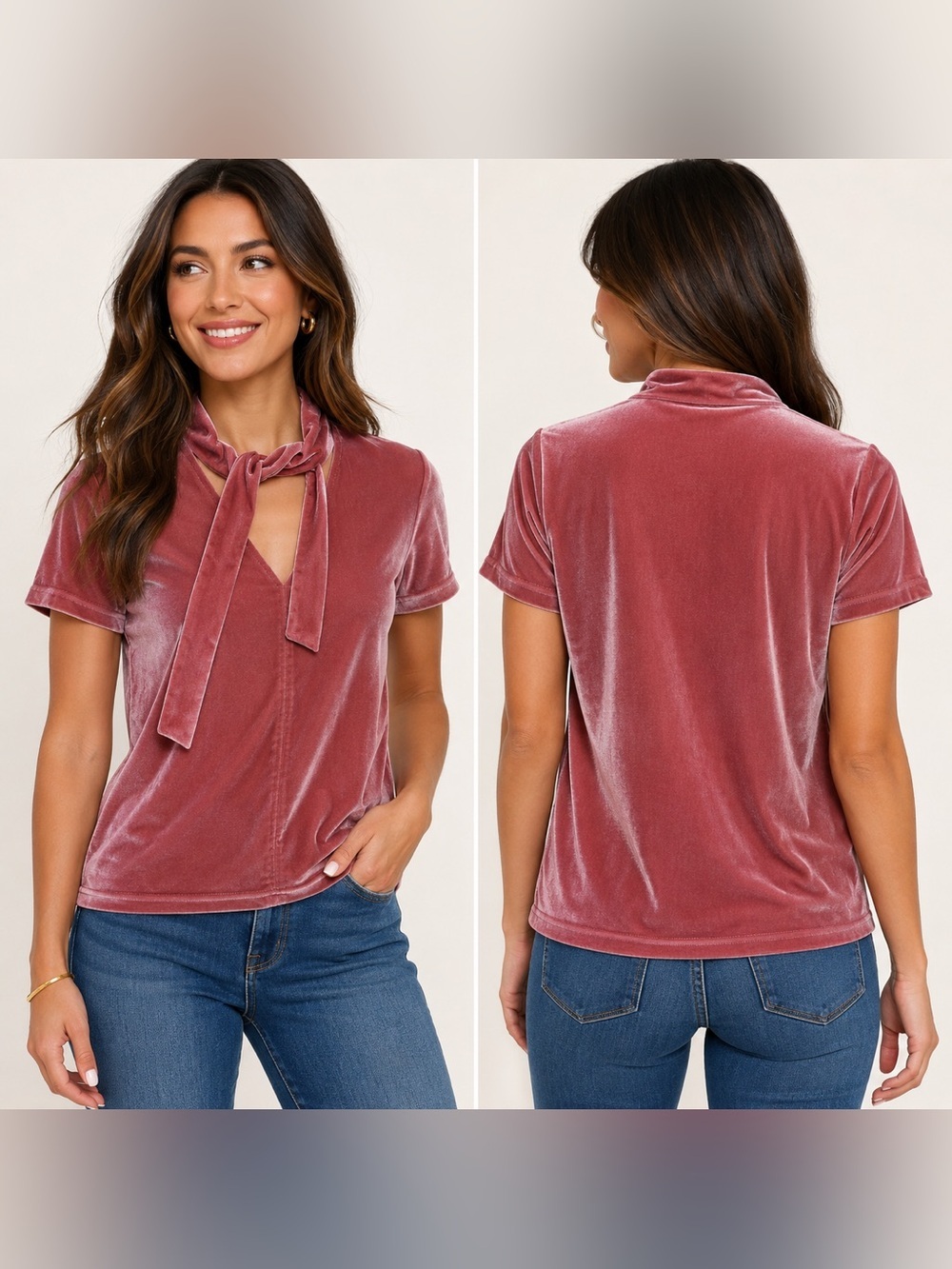 Madewell Velvet Tie-Neck Short Sleeve Top - Rose